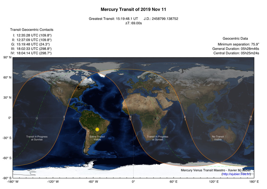 Weltweite Sichtbarkeit des Merkurtransits am 11.11.2019
